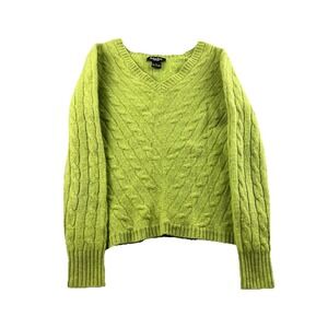 Madison Studio Cashmere Green V-Neck 100% Cashmere Sweater Cable Knit Size Small